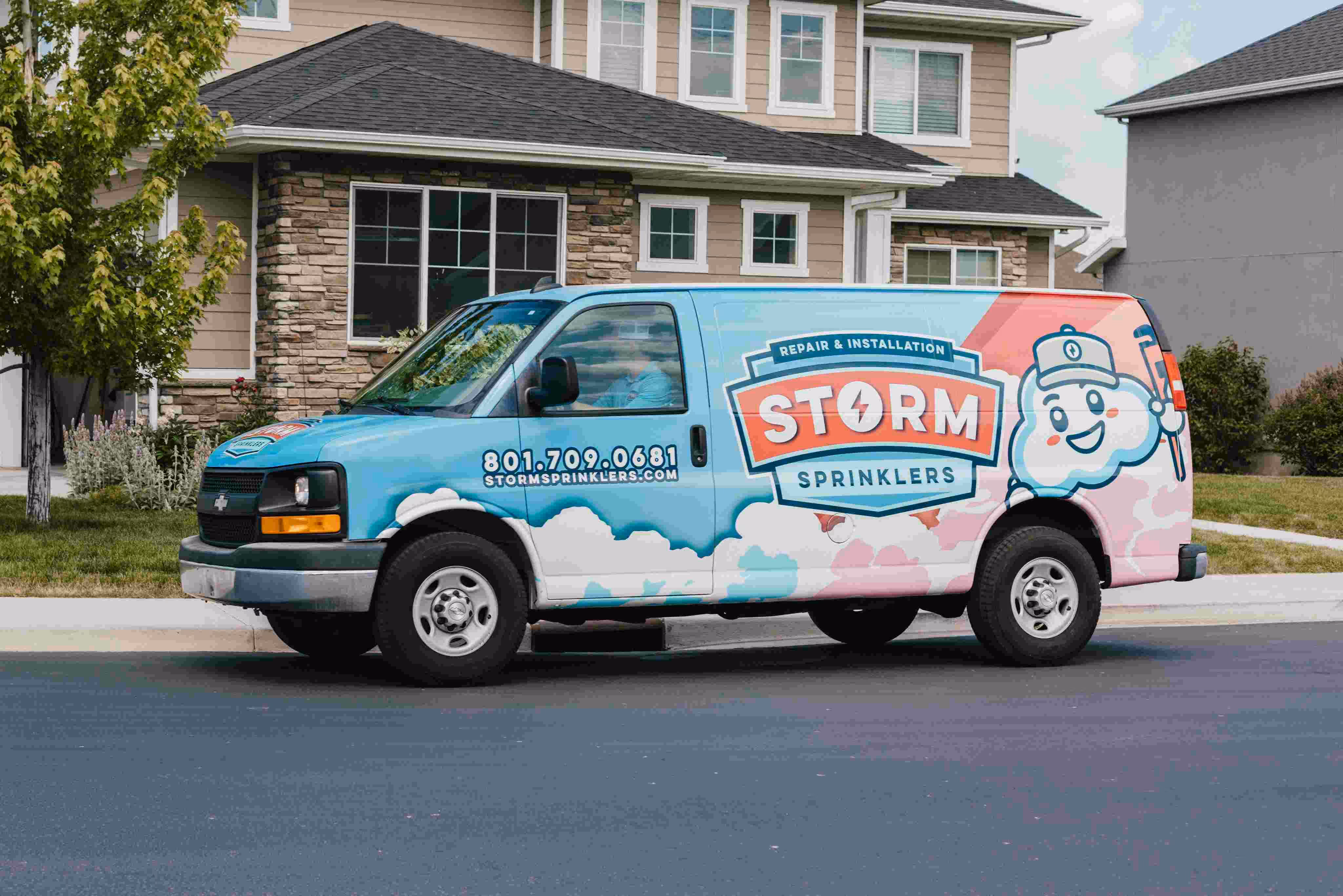 Storm Sprinklers service van for sprinkler repair in Utah County and Salt Lake County